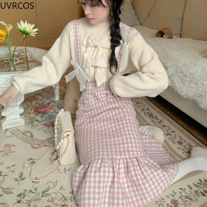 Winter sweet Lolita pink Plaid Strap Dress women Japanese Kawaii Bow Slim Party dresses Female Korean Fashion y2k birthday Dress