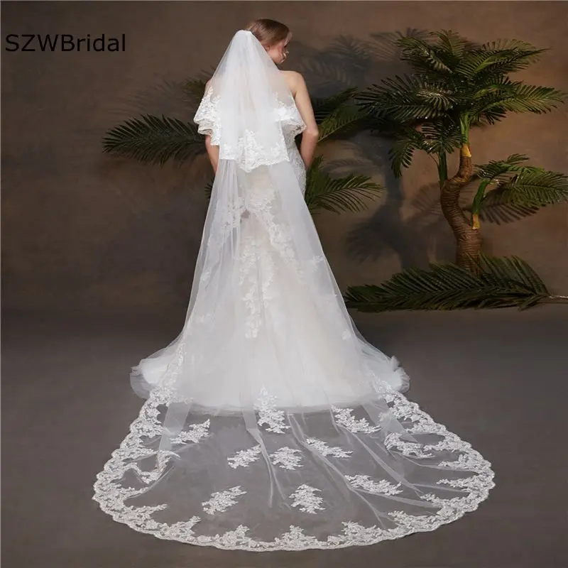 New Arrival White Ivory Cathedral Wedding Veil Lace Appliques Two layers Cheap wedding accessories Voile mariage Bridal veils