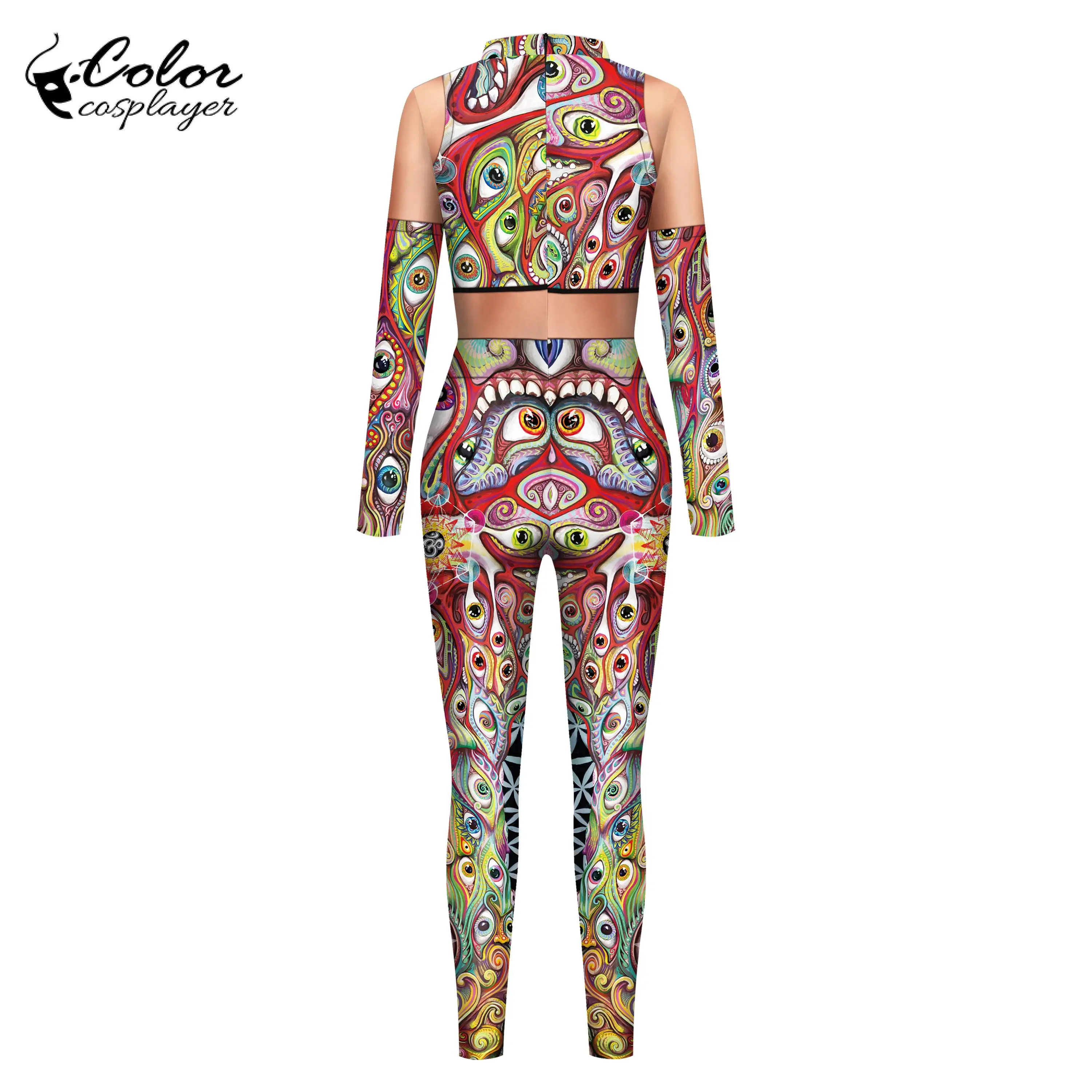 Color Cosplayer Halloween Party Cosplay Costume Zipper Bodysuit Texture Pattern 3D Digital Printing Outfits Women Zentai Suit