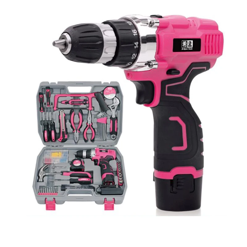 Pink Hand Tool Set KitElectric Screwdriver Li-ion Battery Lady Women Household Power Tool Set