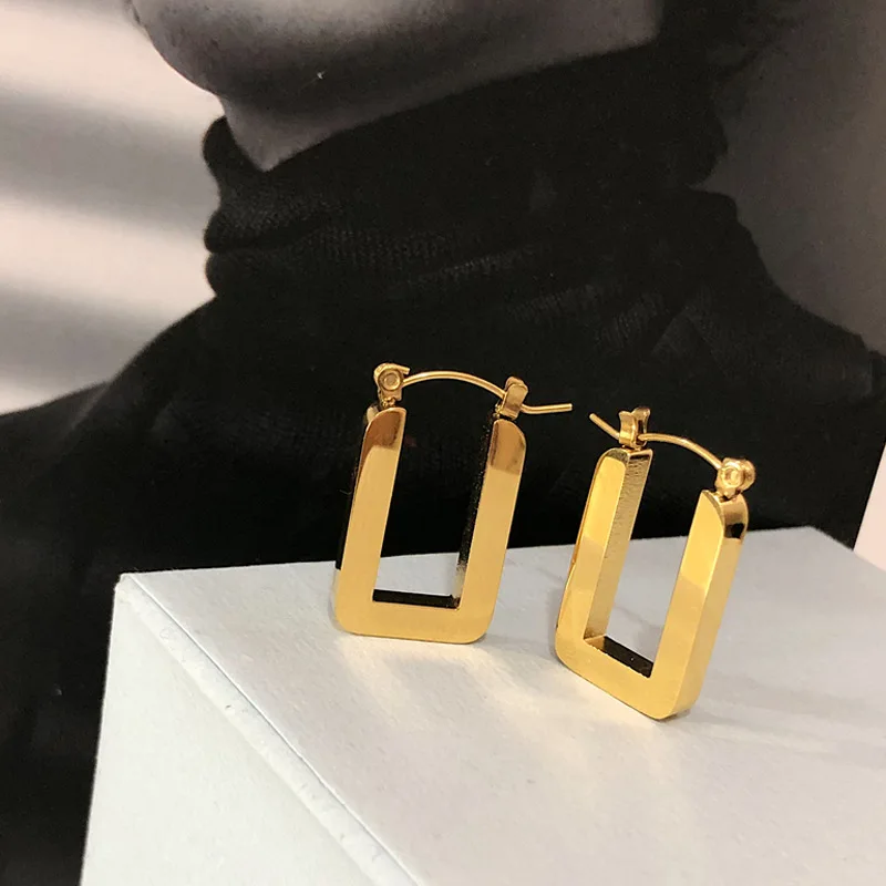 Chunky Gold Color Stainless Steel Square Shaped Hoop Earrings Women's Geometrical Earrings Minimalist Jewelry