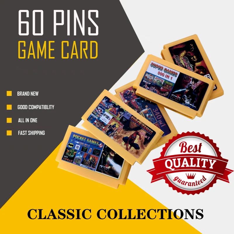 Top Quality 150 In 1 Game Cartridge 60 Pins 8 Bit Game Card 143 In 1 Pocket Games Collection 500 In 1 Region Free