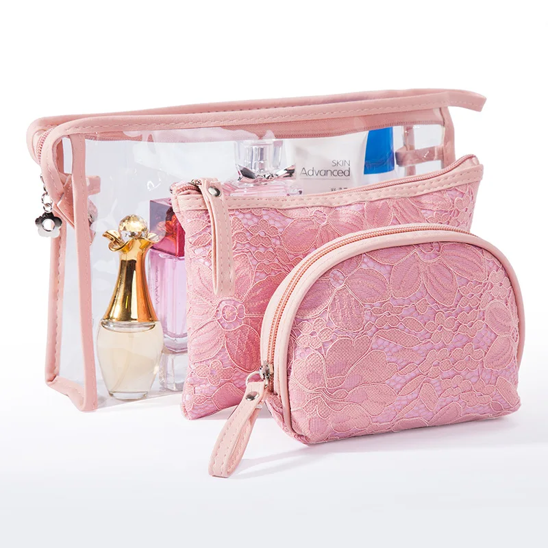 3PCS Creative Bride Lace Makeup Bag Women's New Solid Color Fashion Cosmetic Travel Toiletry Storage Bag Organizer