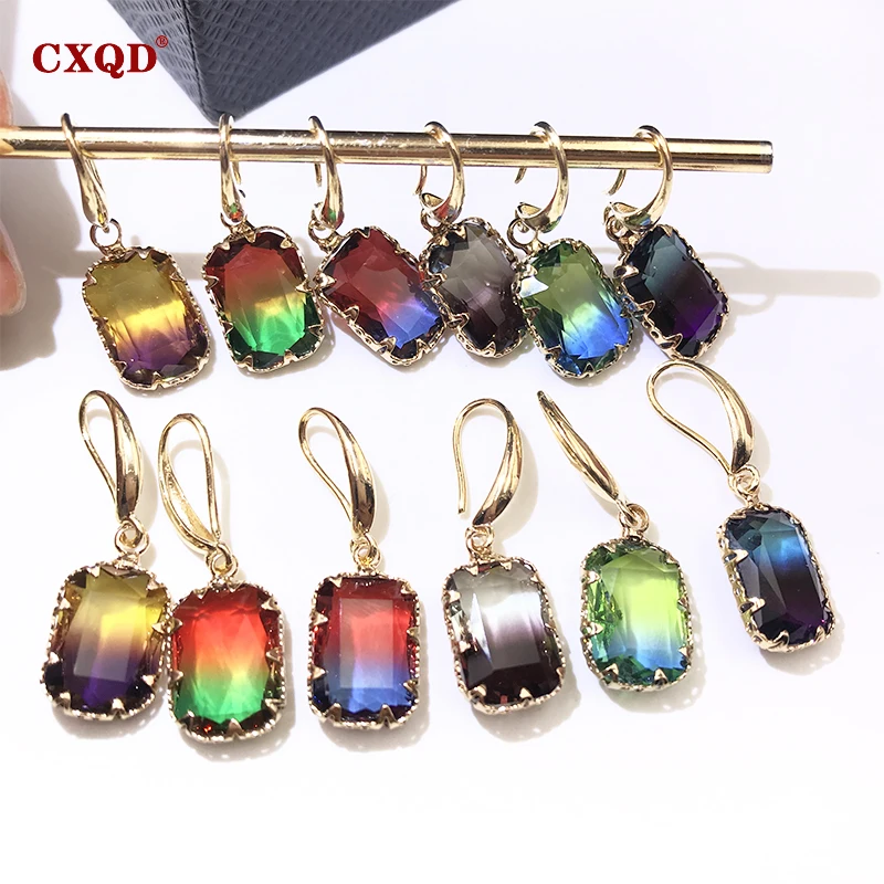 CXQD Fashion Colorful Shiny Transparent Rectangular Dangle Earrings for Women Vintage Crystal Eardrop Statement Wedding Jewelry