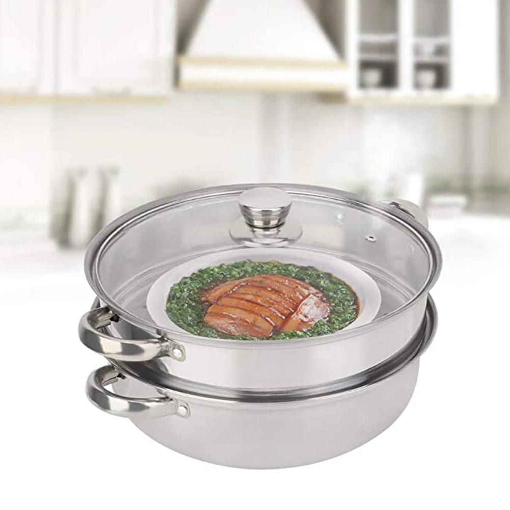 28cm 2-Layer Steamer Stainless Steel Kitchen Boiling Soup Steaming Pot with Lid