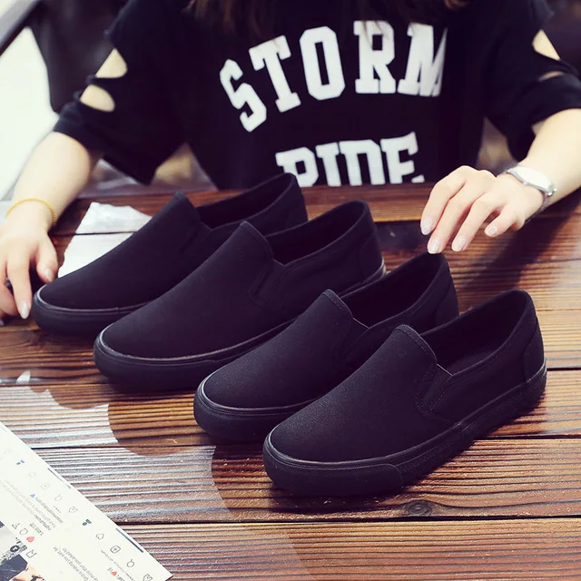 Full Black Women Canvas Shoes Sneakers Casual Loafers Female shoes Adult Slip On Flats Autumn Womens Trainers Zapatos de mujer