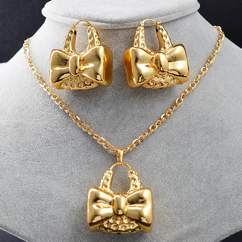 Sunny Jewelry Fashion Jewelry Copper Jewelry Sets For Women Dubai New Design Bowknot Necklace Earrings Pendant Hoop Earrings