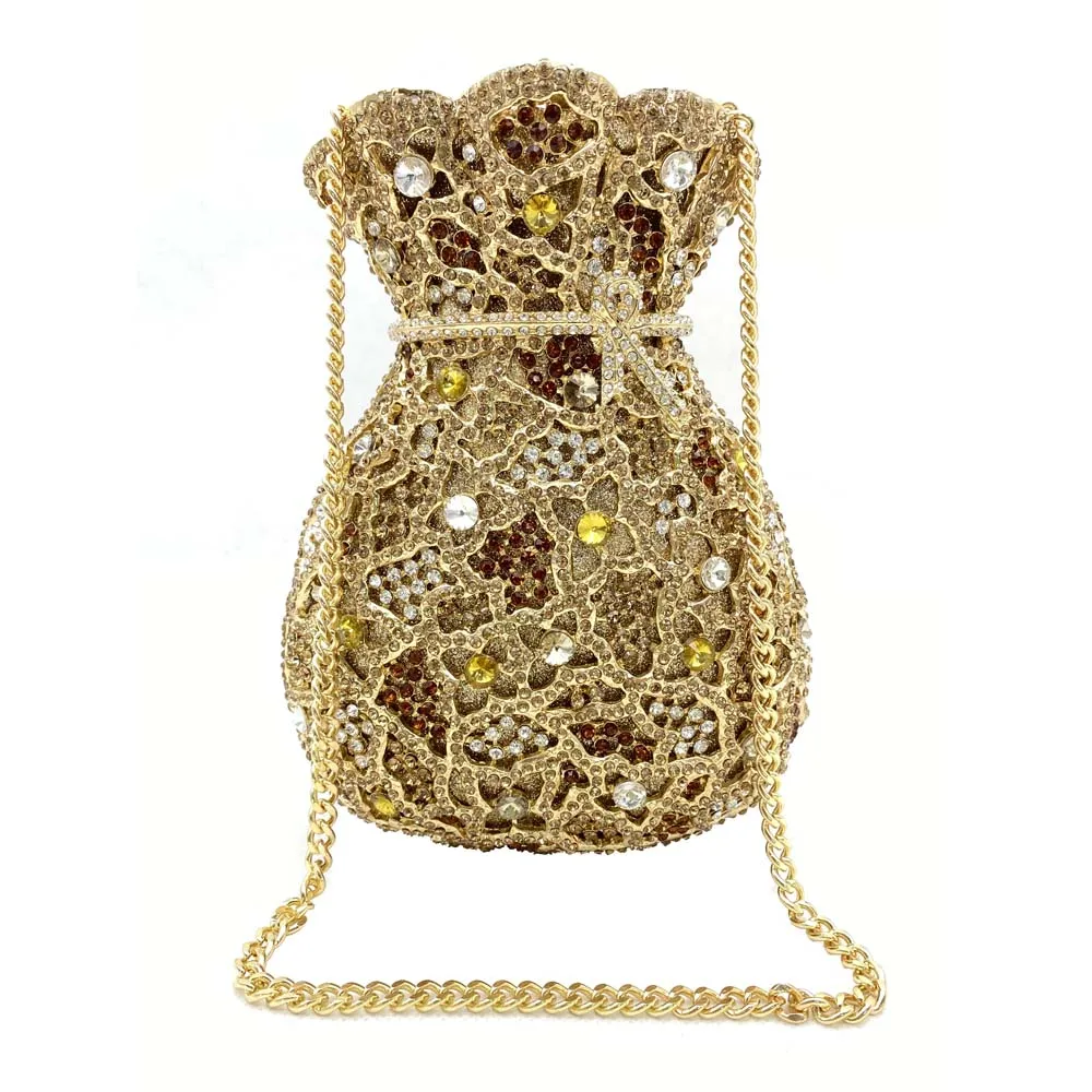 Bolso de noche de lujo para mujer, bolsa de diseñador con cristales ahuecados, con diamantes de imitación dorados, para dinero