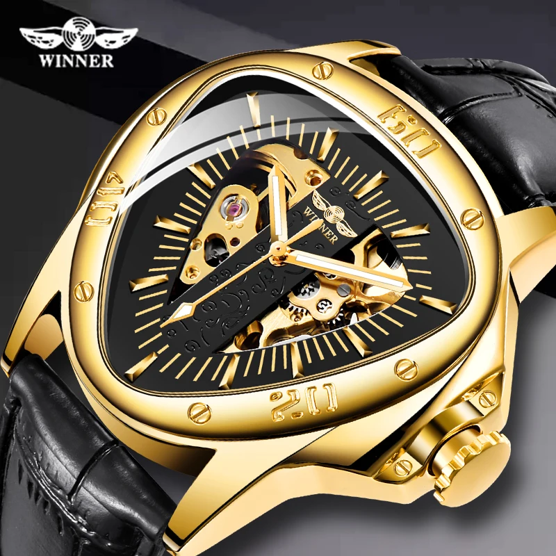 Drop Shipping Winner Fashion Triangle Golden Skeleton Movement Racing Sports Design Men Automatic Mechanical Wrist Watches