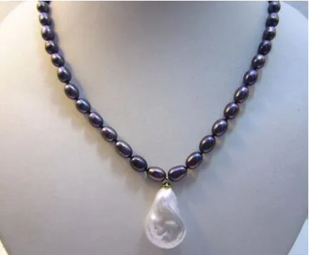 

NATURAL SOUTH SEA 9-10MM Black PEARL White baroque PEARL NECKLACE 18"