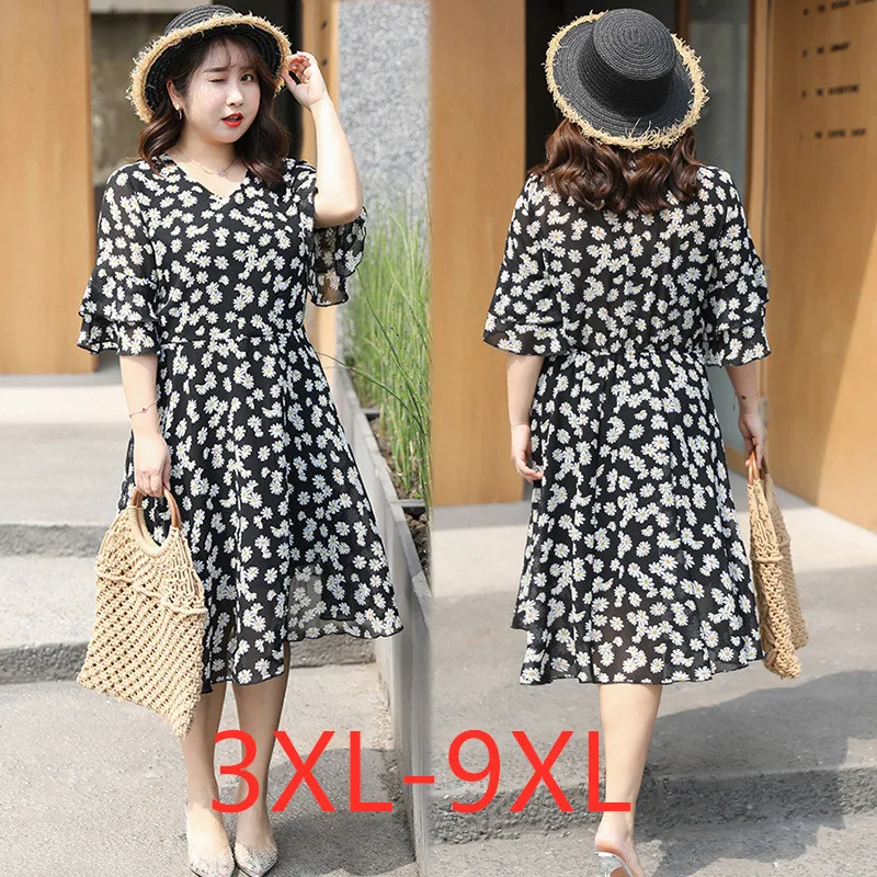 New 2021 Summer Plus Size Women Clothing Midi Dress For Women Large Short Sleeve Loose Floral Print Chiffon Dress 7XL 8XL 9XL