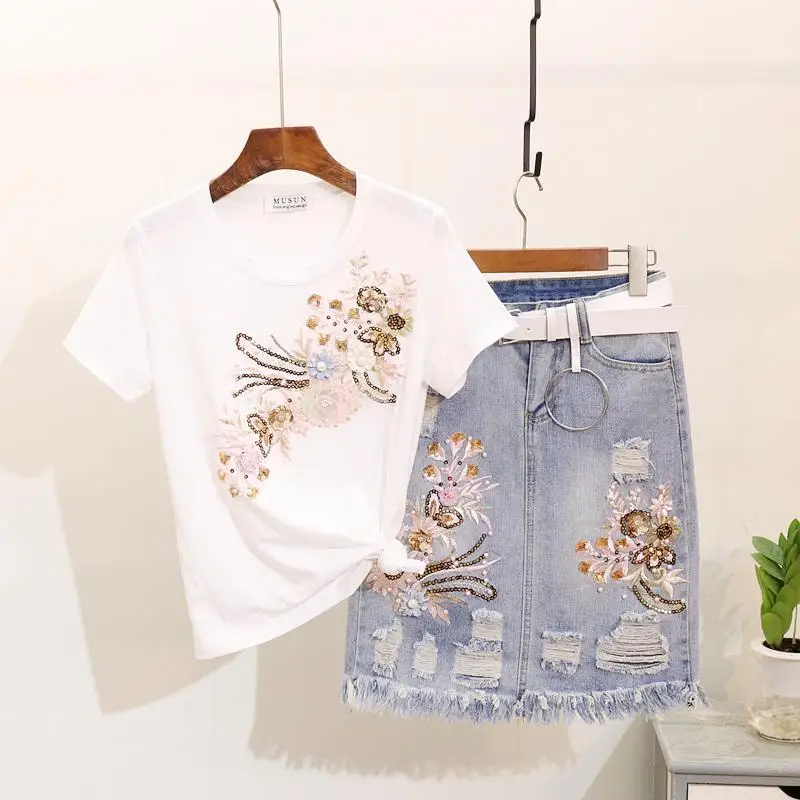 Summer Beading Women Sets Sequins Embroidery 3D Flower Short Sleeve T Shirt And Hole Jeans Skirt 2pcs Female Skirt Suits 3XL 692