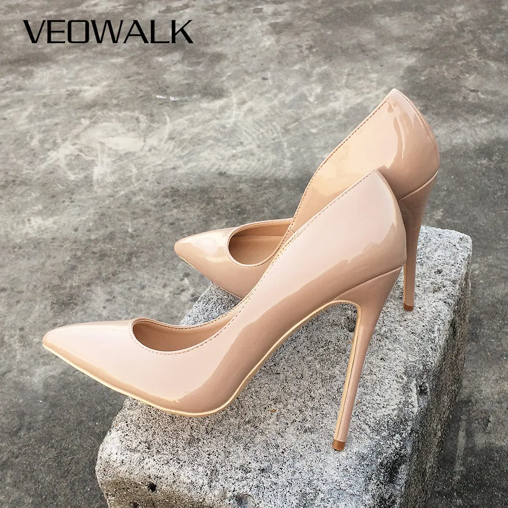 Veowalk Solid Color Women Sexy Pointed Toe Pumps Ultra High Thin Stiletto Heels Shoes Ladies Patent Leather Fashion Party Shoes