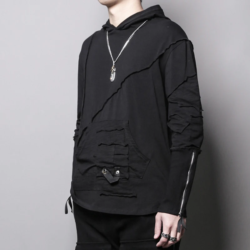 

Spring Hoodie black tie tattered stitching zipper design hoodie loose base minority hoodie trend