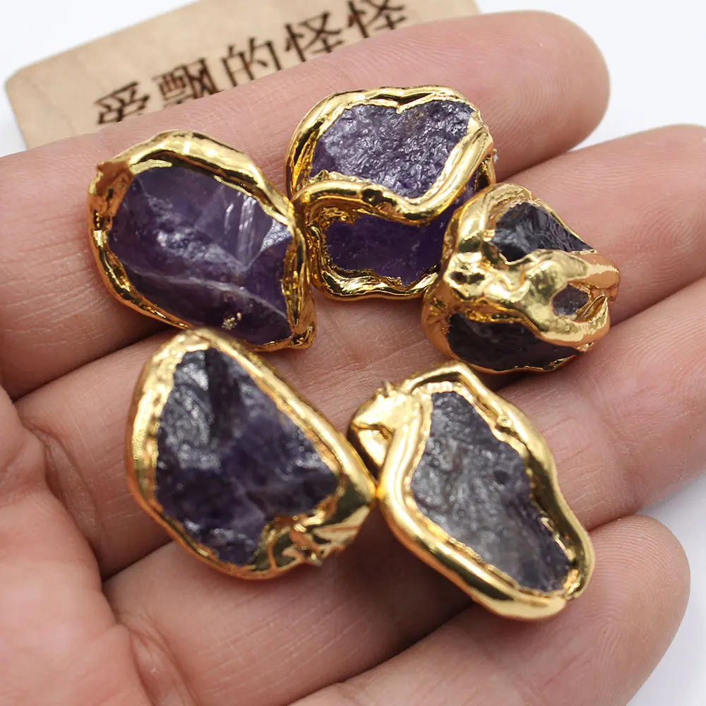 

5Pcs 15x20mm Gold Plated Natural Purple Amethyst Nugget Gems Freedom Beads For Pearl Necklace Pendant Jewelry DIY