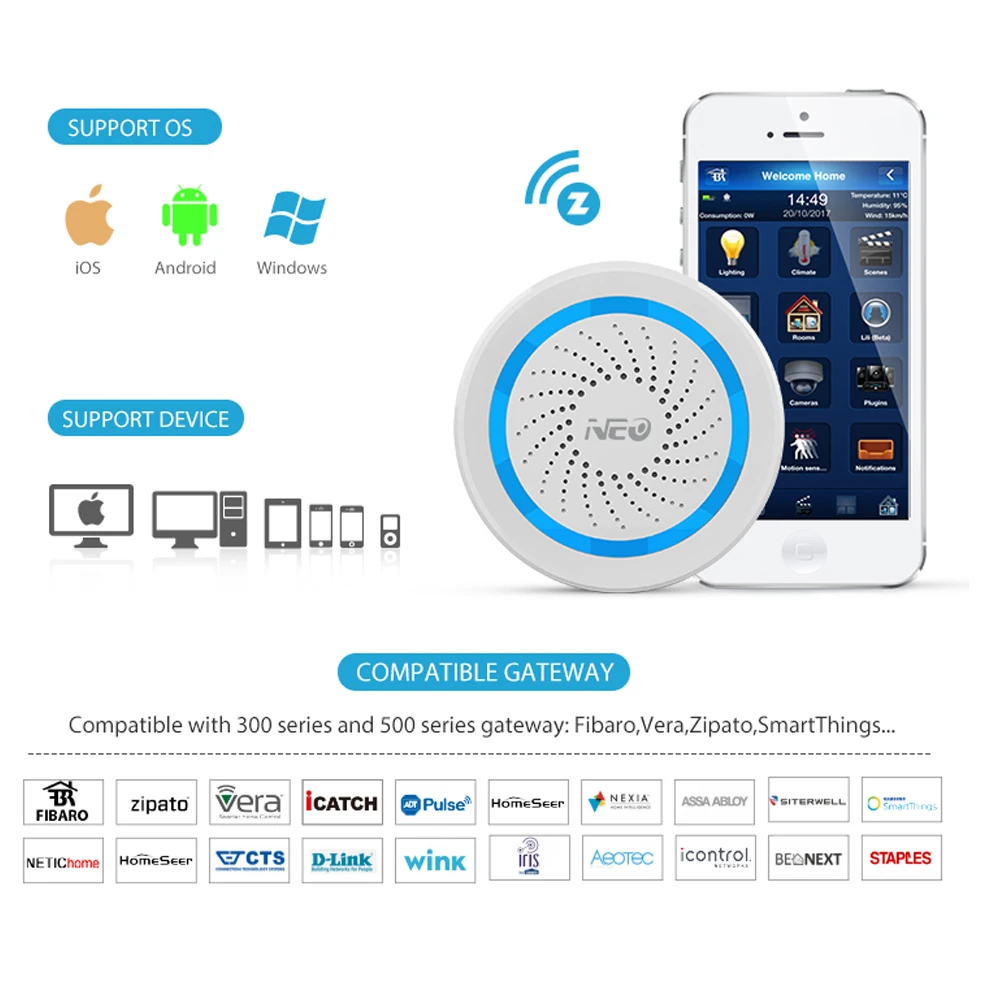 Neo coolcam z-wave além de sirene de alarme sem fio automação residencial a pilhas ue 868.4mhz som luz zwave sirene sensor de alarme