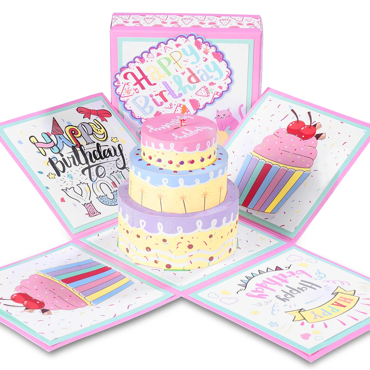 partykindom Explosion Gift Box 3D Birthday Greeting Card Cake Pop-Up Birthday Card Surprise Gift Packing Box (Pink)