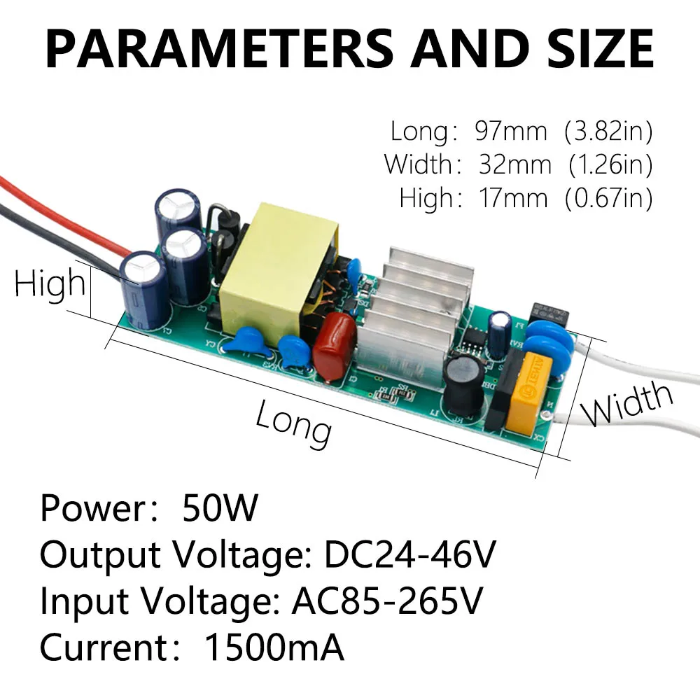 Driver LED da 50 W DC24-46V Alimentatore 1500 mA Controllo corrente costante Scheda trasformatore di illuminazione con foglio di alluminio del