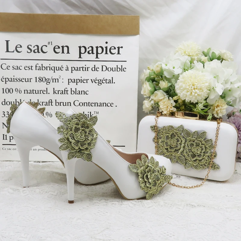 High Heels Summer Sandals Wedding Shoe Bride Round Toe Ankle Strap Ladies Party Pumps Woman big size shoe purse set White Shoe