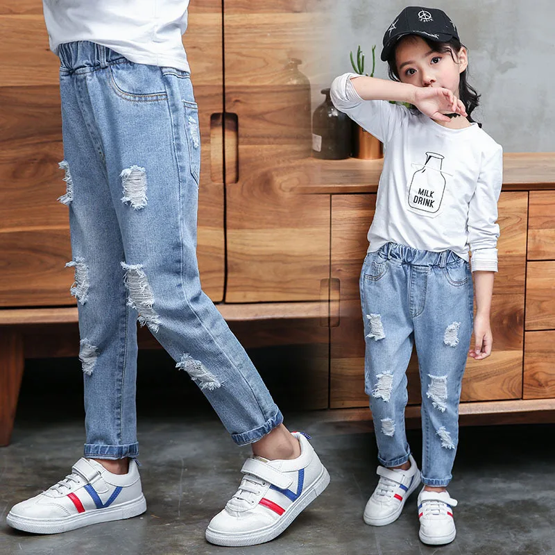 Spring Autumn Teenager Ripped Denim Pants Children Trousers Fashion Kids Hole Pants Casual Boy Girls Jeans 3-12 Year Kid Clothes