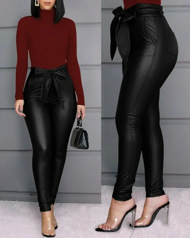 

Women's Leggings PU Leather Pants Stretchy Skinny Pencil Trousers High Waisted