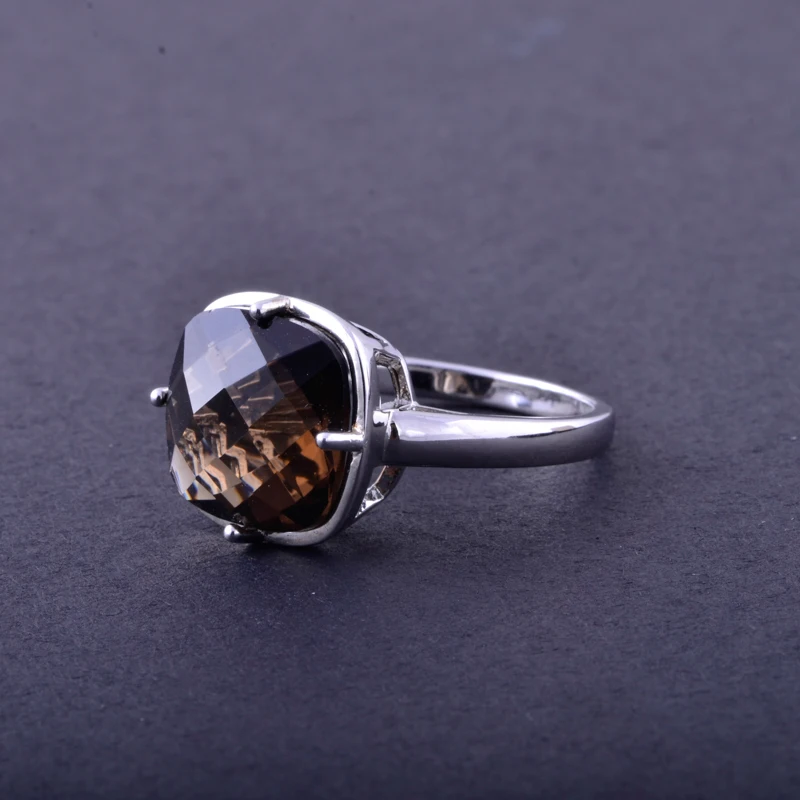 CSJ Smoky Quartz Rings Sterling 925 Silver Natural Gemstone Cushion 12mm Women Lady Wedding Engagment Party Gift Box