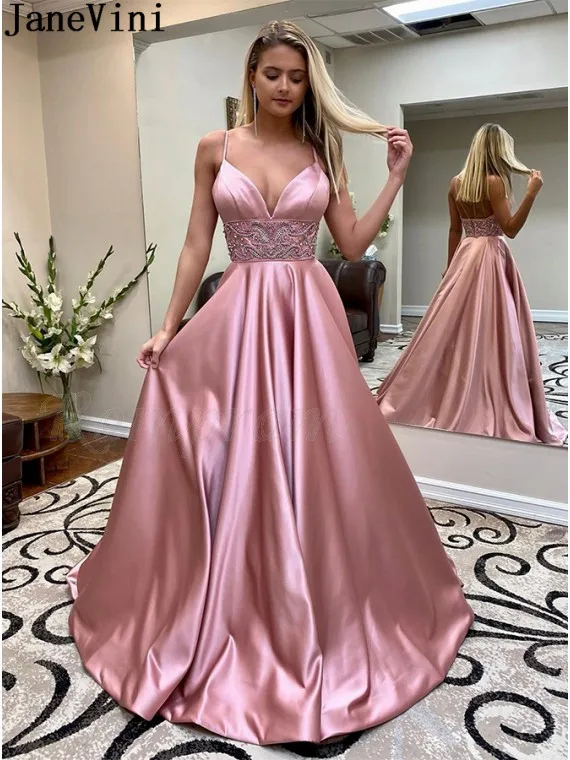 JaneVini Designer Dusty Pink Long Evening Dresses with Beading Sexy Spaghetti Straps A Line Christmas Party Dress Dreess Women