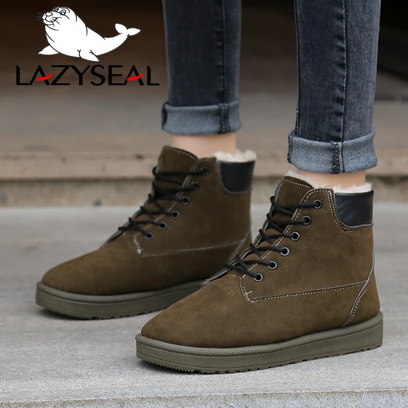 LazySeal Warm Plush Winter Boots Women Snow Boots Flat Heel Woman Shoes Round Toe Lace-up Footwear Big Size Ladies Woman Booties