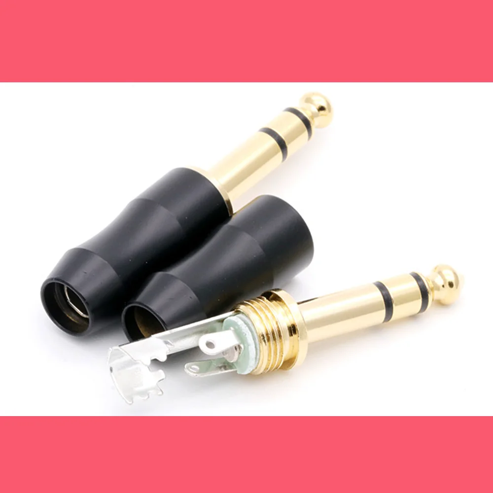 10pcs 24K Gold-plated 1/8\'\' Stereo 6.35mm Jack Assembly Microphone Connector R Brand New Design Copper Wire Connector Black