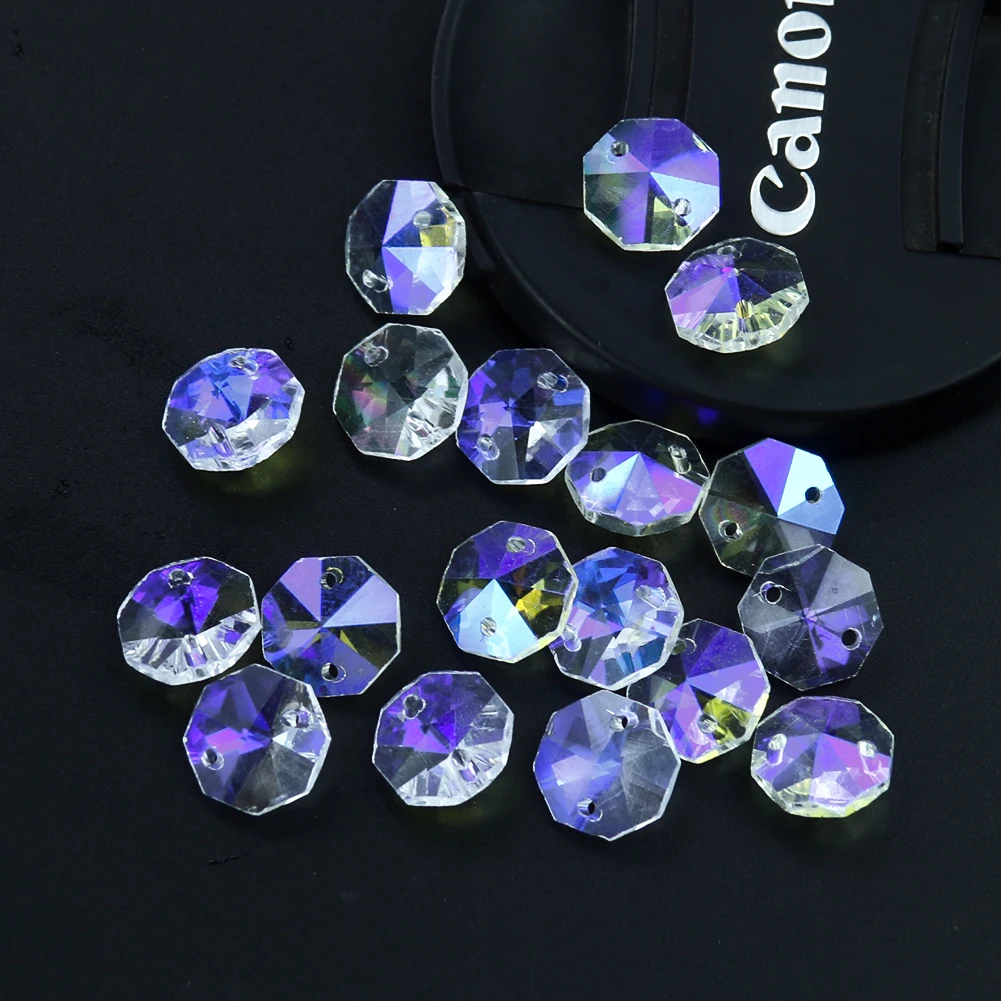 20PCS K9 Crystal Octagon Beads 2 Holes  Chandelier Parts Replacement Suncatcher Faceted Glass Prism Garland Curtain Spacer Bead