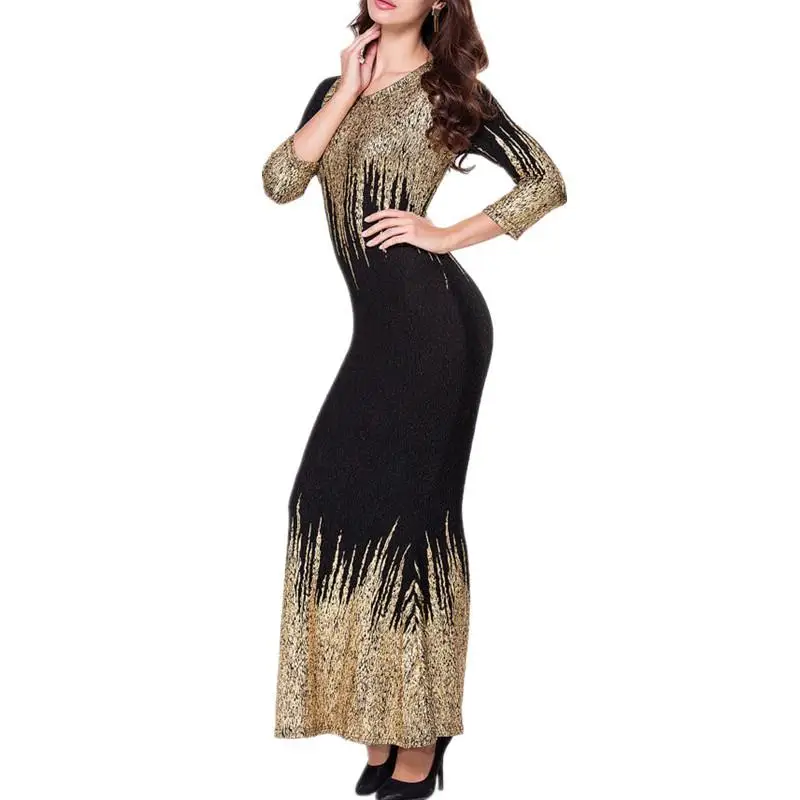 Autumn Winter Elegant Black-Gold Color Maxi Dress Women Elastic Slim Three Quarter Sleeve Long Dress  robe femme