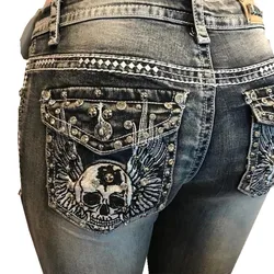 Jean Vintage Brodé Tête de Mort Perlé pour Femme, Pantalon en Denim, Taille Haute, Décontracté, Y2K, 2022, w921