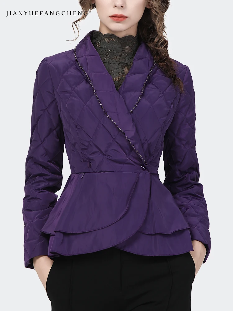 Chaqueta de plumón corta para mujer, abrigo ajustado con cuello de traje elegante, color púrpura, cálido, con cintura ligeramente ceñida, con cierre