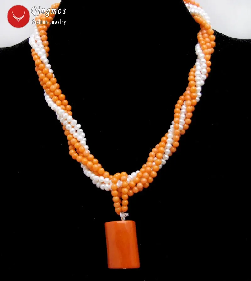 Qingmos 25mm Natural Orange Coral Pendant Necklace for Women with 4mm Orange Coral & 5mm White Round Natural Pearl Necklace 17''