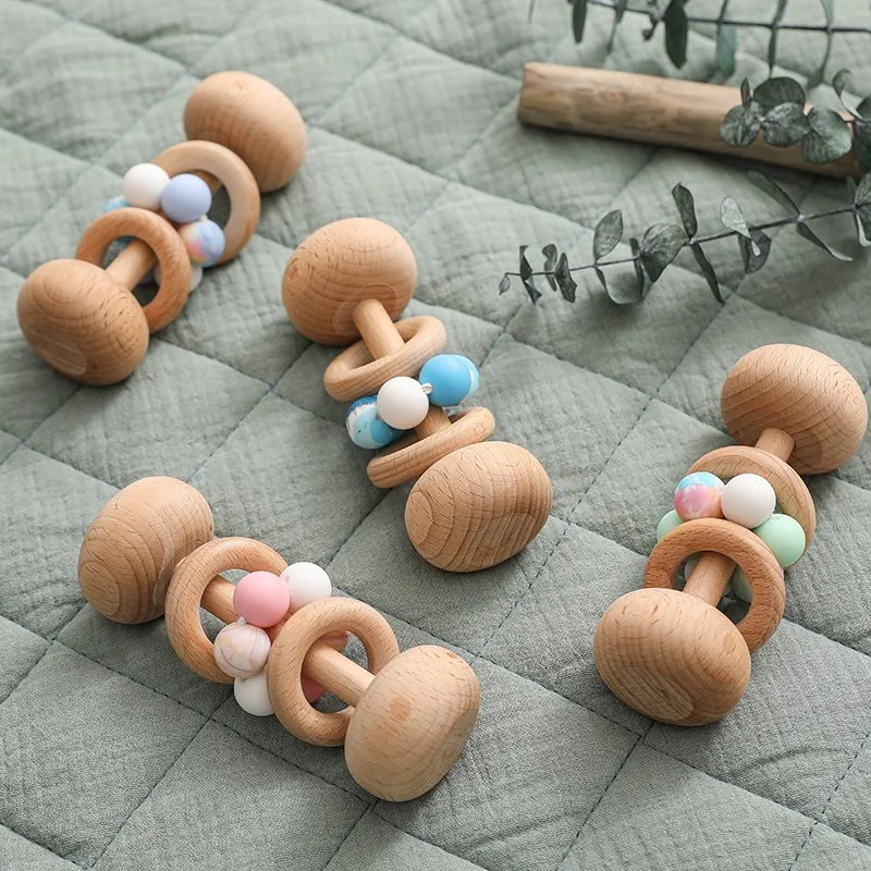 Wooden Rattle Beech Hand Teething Wooden Ring Baby Planet beads Rattles Play Gym Montessori Stroller Toy baby Christmas Gift