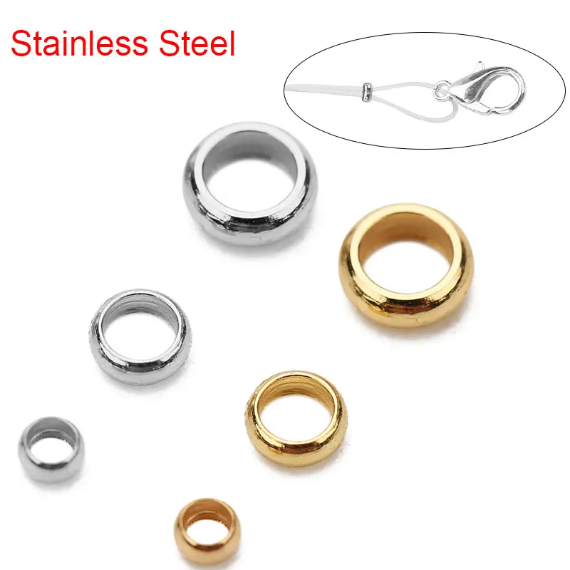 100pcs Round Stainless Steel Crimp End Stopper Beads 2 2.5 3mm Golden Color Loose Big Hole Beads For Diy Bracelet Jewelry Making
