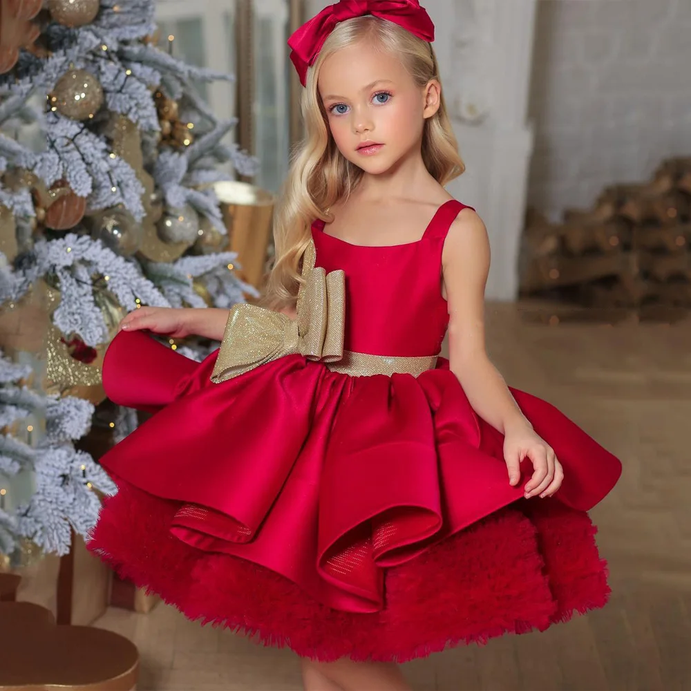 Red Flower Girl Dress Square Neck Sleeveless Big Gold Bowtie Ruffles Tulle Puff Birthday Party Dresses Pageant Gowns