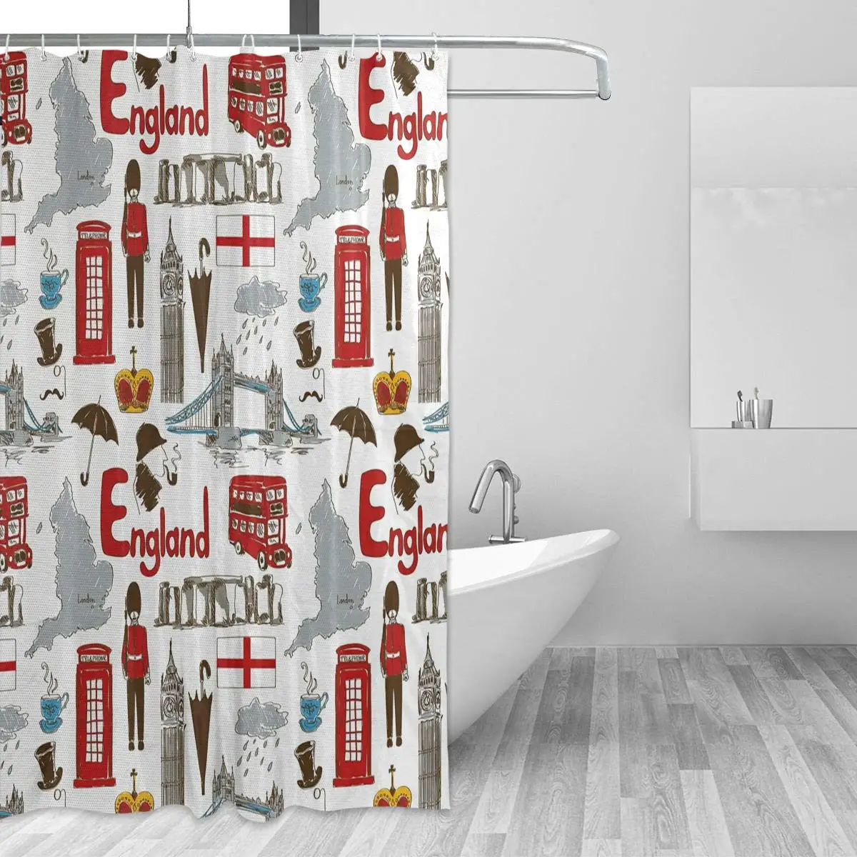 Fun Colorful Sketch Royal Guard Map Rain Famous Country Landmarks Stonehenge Bath Curtain