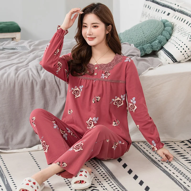 High Quality Women Pajamas Set M-4XL Female Pyjamas 100% Cotton Long Sleeve Sleepwear Home Clothing