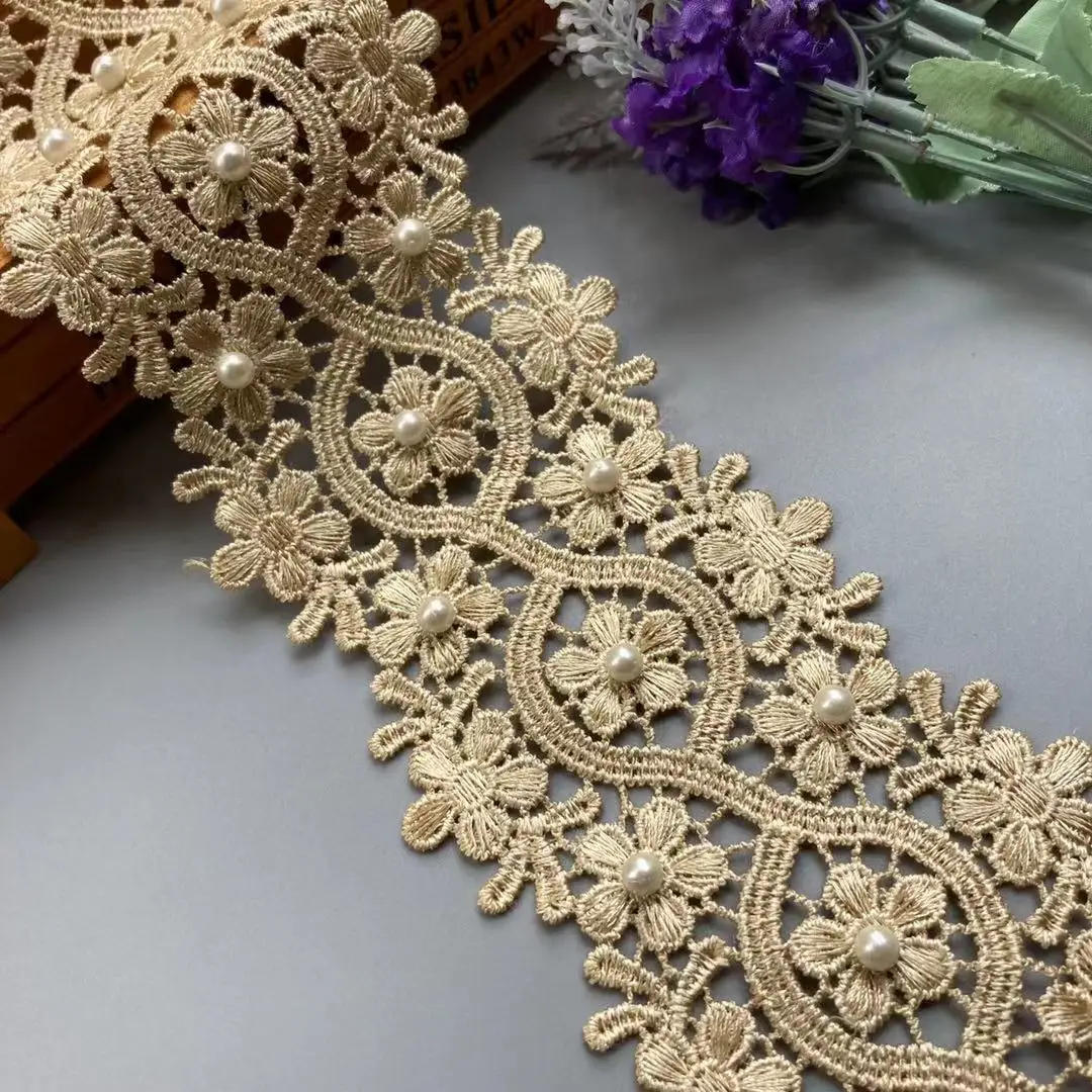 

3 Yard Gold Pearl Flower Embroidered Lace Edge Trim Ribbon Applique Sewing Craft For Crochet Wedding Bridal Dress Clothes New