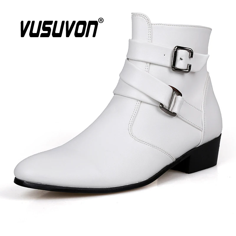 VUSUVON Fashion Men Spring Autumn Pointed Toe Height Increase Chelsea Ankle Boots Western High Top Casual Shoe PU Leather