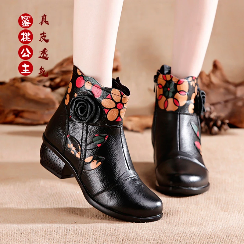 Xiuteng Retro Bohemian Women Boots Printed Genuine Leather Ankle Boots Vintage Motorcycle Booties Ladies Shoes Woman 2022