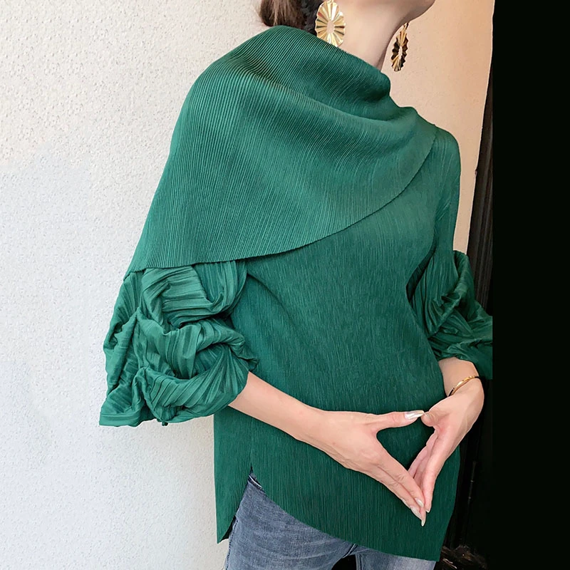 LANMREM green pleated puff long-sleeved 2024 new street wear loose casual elegant fashion T-shirts for women Spring tide 2A1462