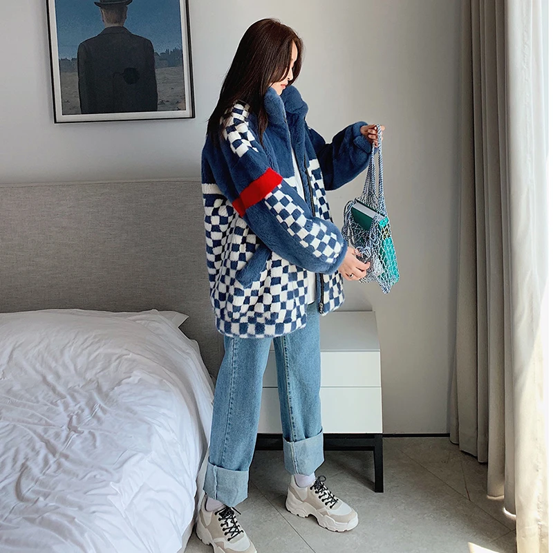 Ftangaiur 겨울 수입 벨벳 밍크 퍼 코트 만다린 칼라 체크 무늬 컬러풀 밍크 코트 여성용 중간 길이 리얼 밍크 퍼 코트