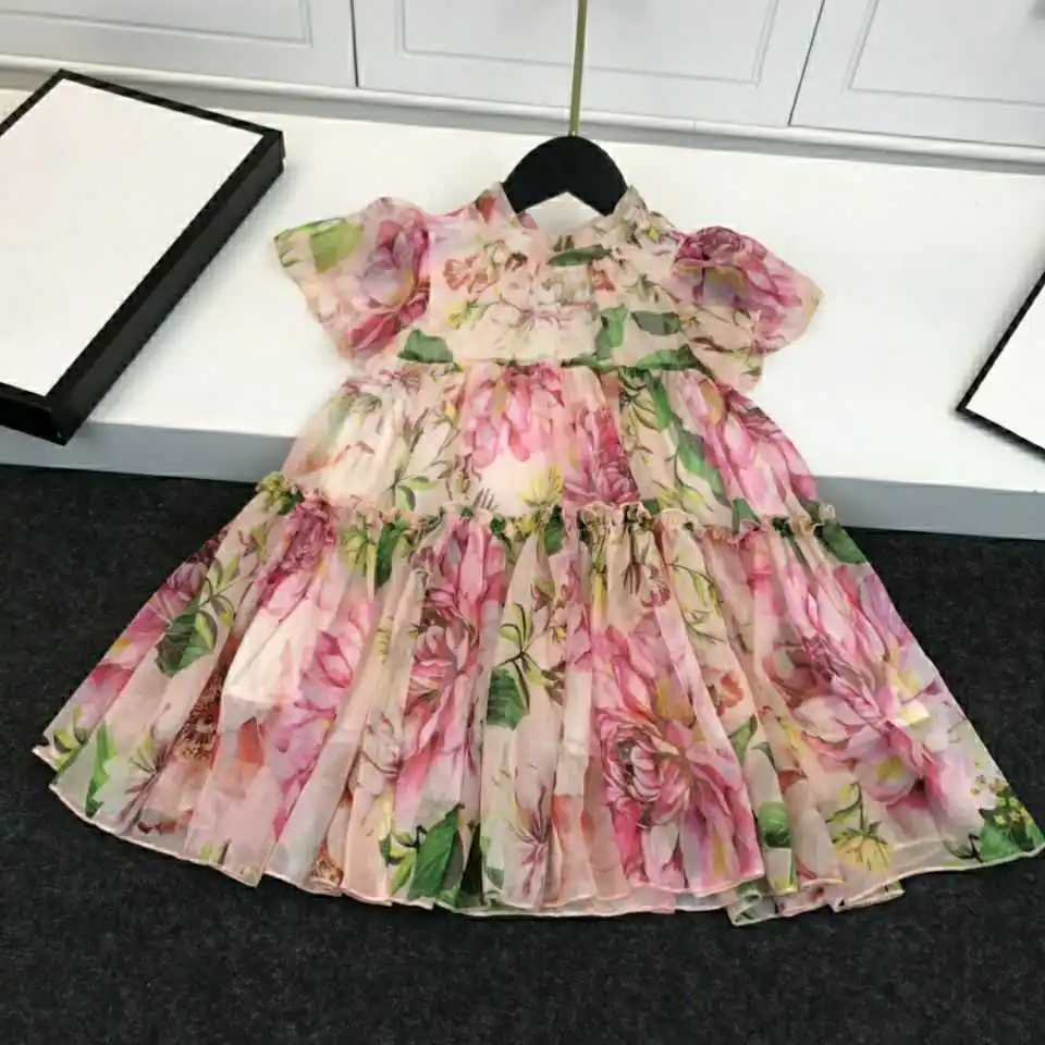 2023 New summer childrens girl dress elegant flowers pleated stitching half turtleneck dress for big girls Princess dresses