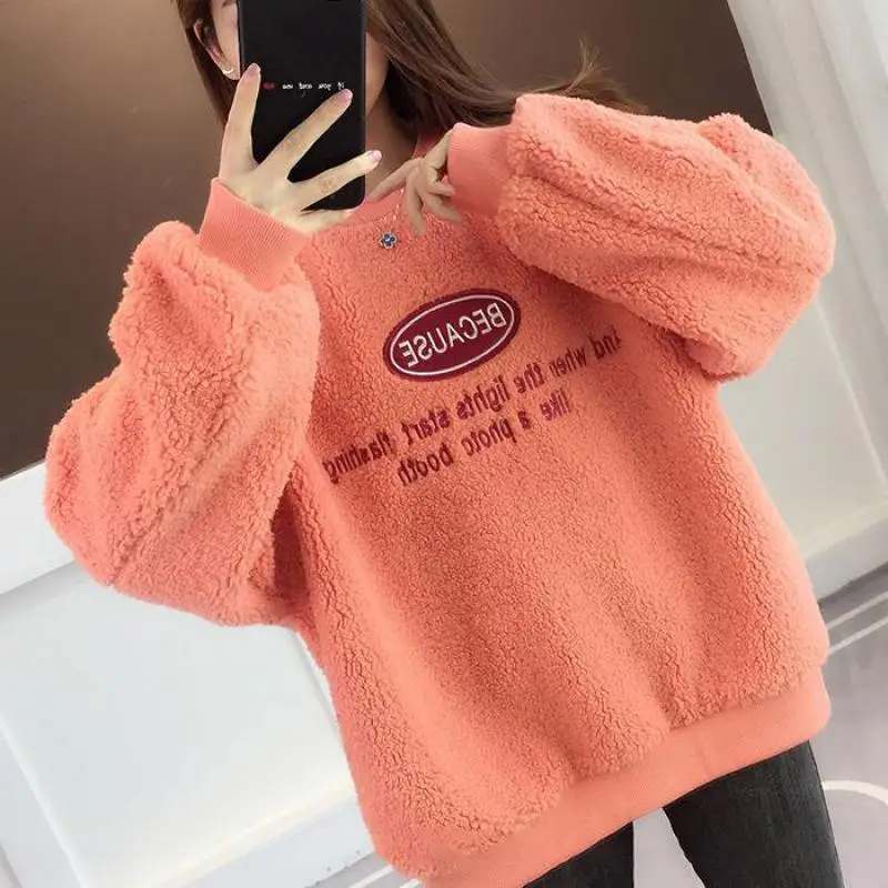 Inverno Coreano Mulheres Hoody Camisola Harajuku Bordado Letras Porque Vermelho O-pescoço Solto Mangas Compridas Moda Pullover Feminino