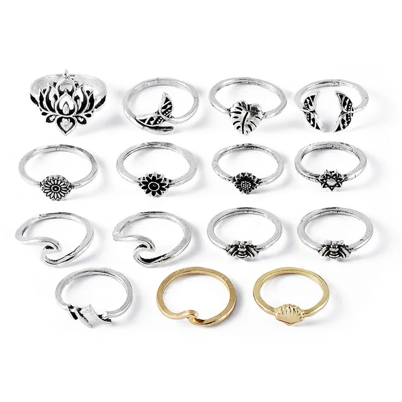 15Pcs/Set Boho Bee Lotus Flower Leaf Ring Set Fashion Wave Shell Fishtail Irregular Rings for Women Personality Jewelry Gifts