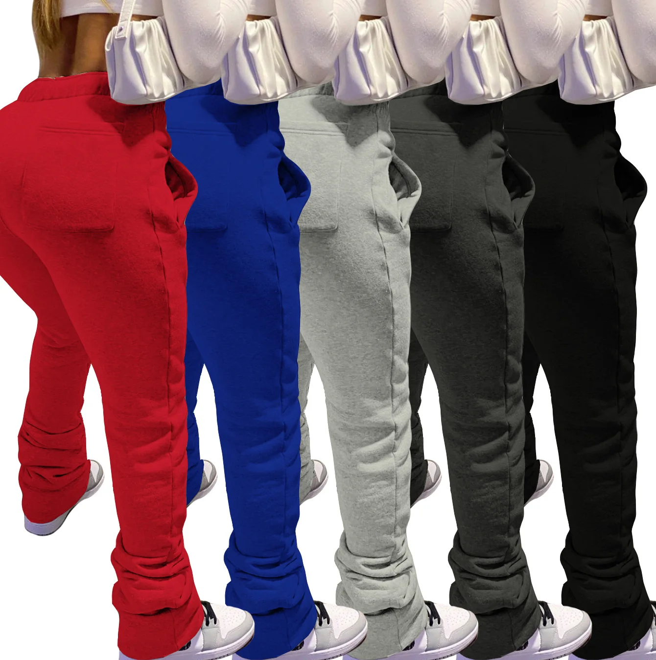 Stacked Sweatpants Women\'s Fleece Thick Sports Fitness Drawstring with Pocket Streetwear Flare Pants Bulk Item Wholesale Lots