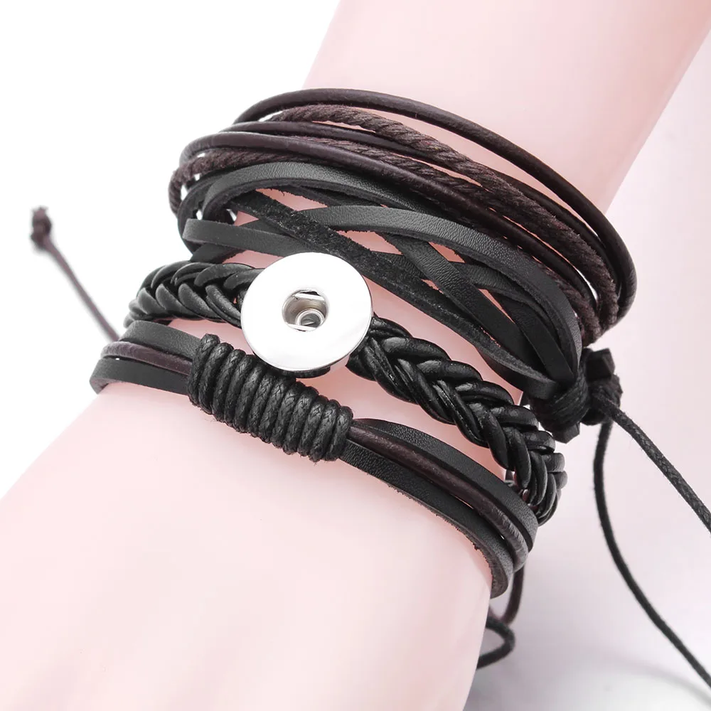 New Snap Bracelet Multilevel Braided Wrap Snap Bracelets for Men Vintage Leather Bracelet Fit 18mm Snap Button Ethnic Wristbands