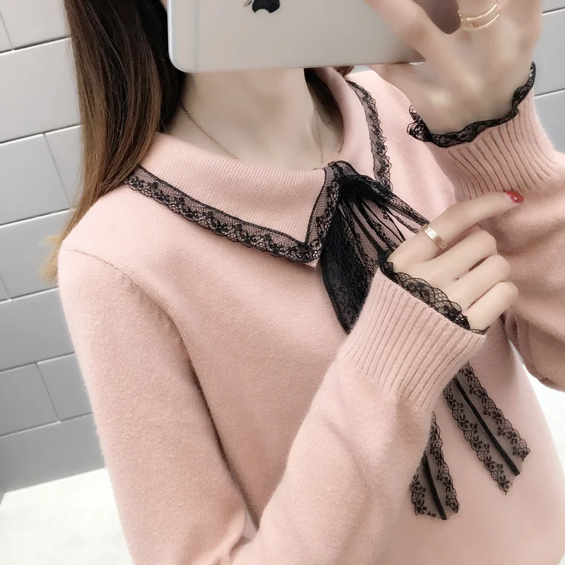 Bow Tie Autumn winter Sweaters Lace Patchwork Turn Down Collar Sweater Women Pullovers New Loose Lazy Knitted Sweater Tops